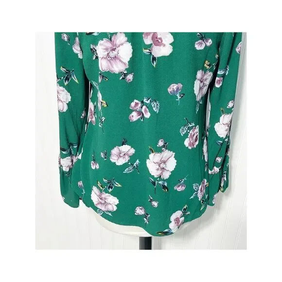 Live To Be Spoiled Floral Print Long Bell Sleeve Blouse Keyhole Back Green Large - Picture 12 of 14